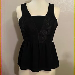 Black floral texture, chiffon peplum, sleeveless blouse